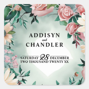 Pastel Flower Elegance: Sage Green Floral Wedding Square Sticker
