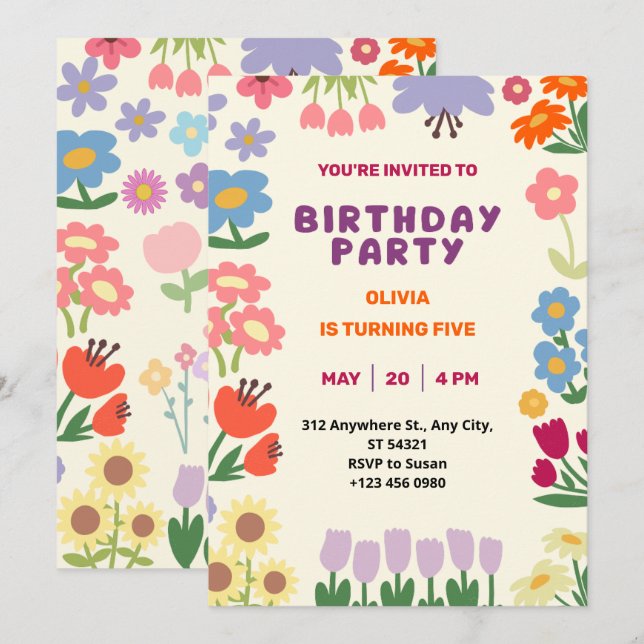 Pastel Flower Floral Birthday Five Girl Invitation (Front/Back)