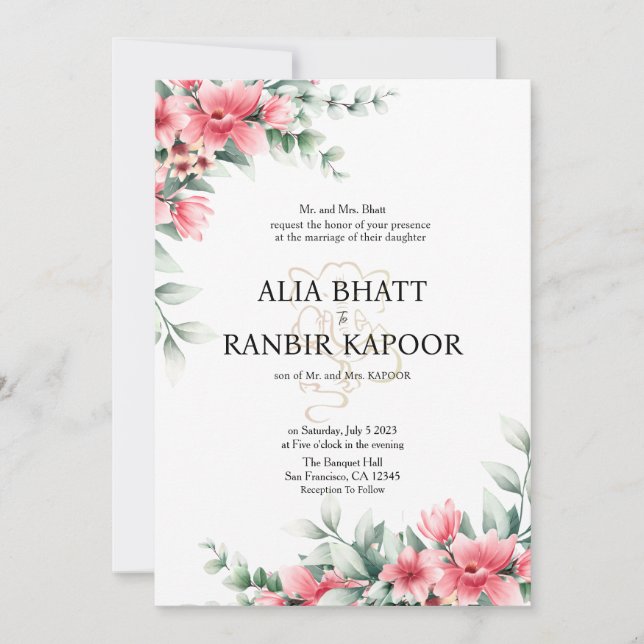 Pastel Flower Formal Indian Wedding Invitation (Front)