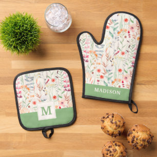 Pastel Flower Garden Pattern Oven Mitt & Pot Holder Set