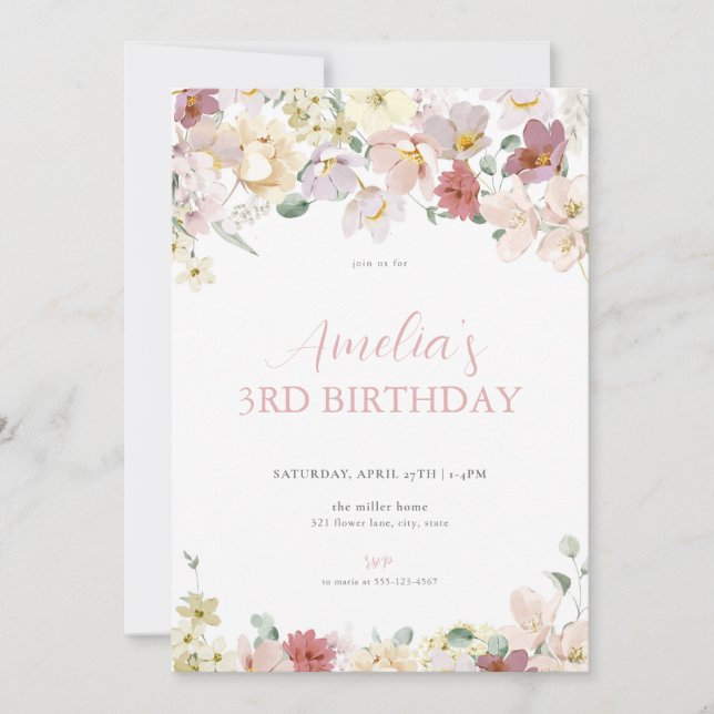 Pastel Flower Girl Floral Birthday Invitation (Front)