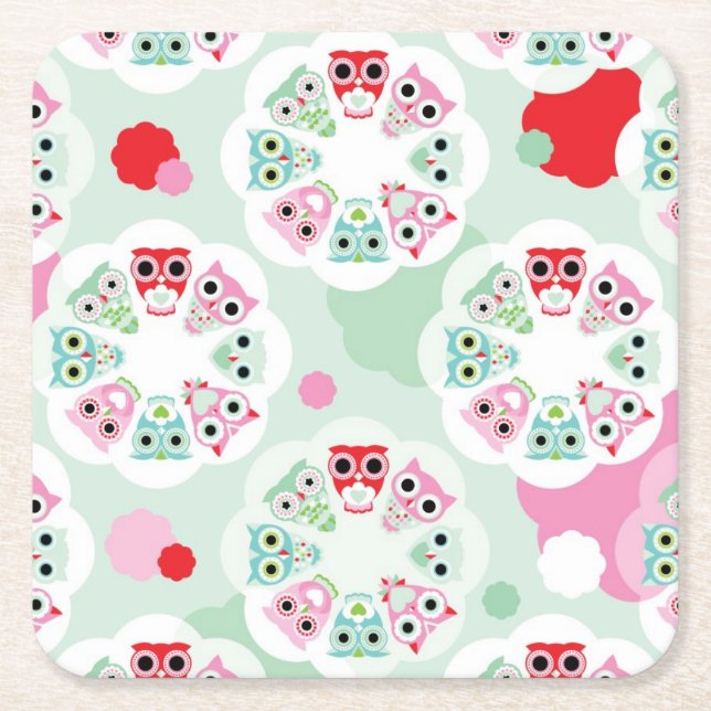 pastel flower owl background pattern square paper coaster (Front)