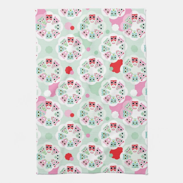 pastel flower owl background pattern tea towel (Vertical)