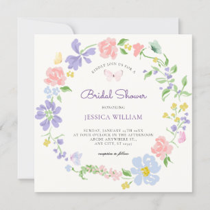 Pastel flower wreath butterflies bridal shower invitation
