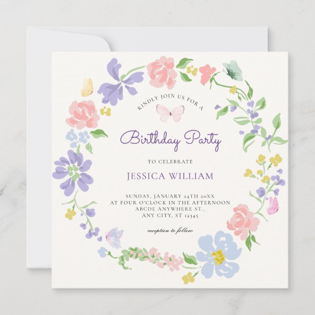 Pastel flower wreath with butterflies birthday invitation (Front)