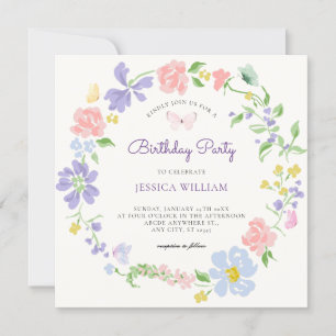 Pastel flower wreath with butterflies birthday invitation