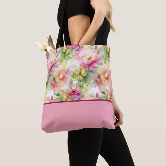 Pastel Flowers Alcohol Ink Colour Block Tote Bag (Close Up)