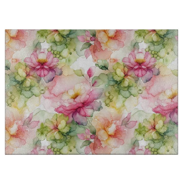 Pastel Flowers Alcohol Ink Illustration Cutting Board (Front)