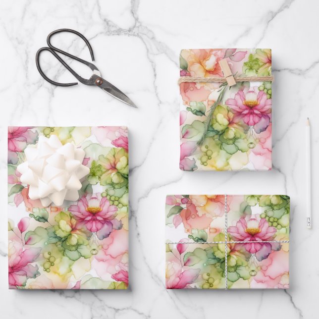 Pastel Flowers Alcohol Ink Illustration Med Print Wrapping Paper Sheet (Front)