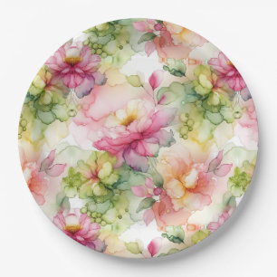Pastel Flowers Alcohol Ink Illustration Paper Plate