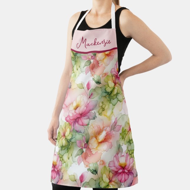 Pastel Flowers Alcohol Ink Illustration Pink Apron (Insitu)