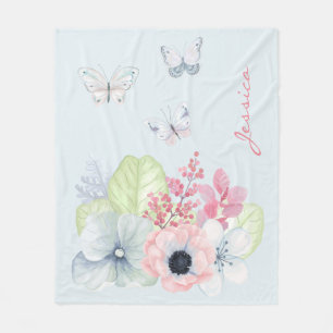 Pastel Flowers and Butterflies Fleece Blanket