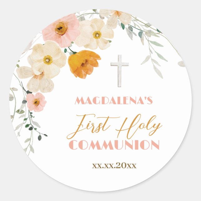 Pastel flowers and greenery First Holy Communion  Classic Round Sticker (Front)