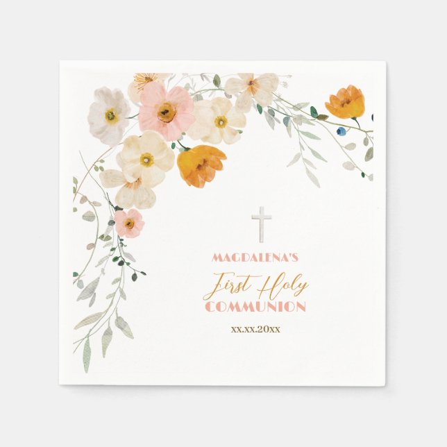 Pastel flowers and greenery First Holy Communion  Napkin (Front)