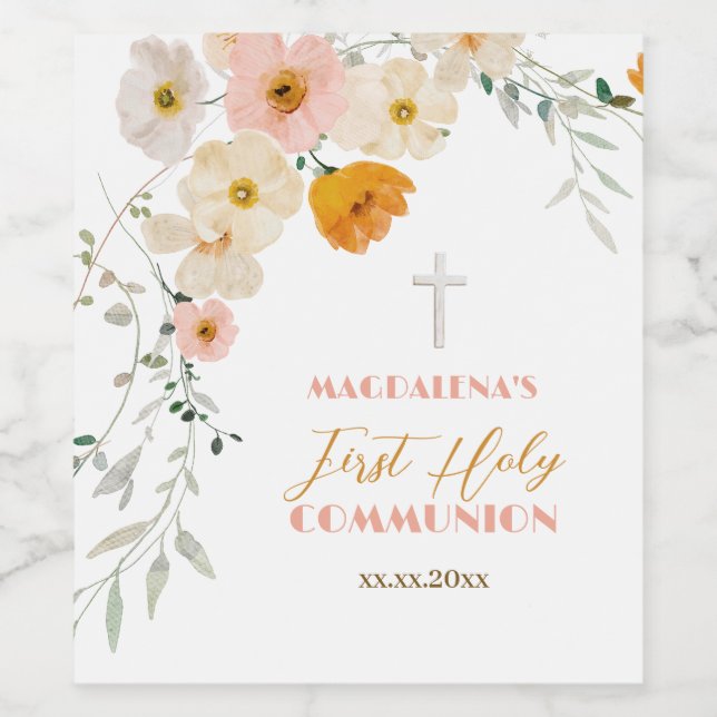 Pastel flowers and greenery First Holy Communion  Wine Label (Single Label)