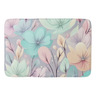 Pastel Flowers and Leaves on Purple Background Bath Mat