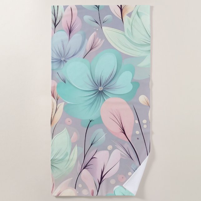 Pastel Flowers and Leaves on Purple Background Beach Towel (Front)