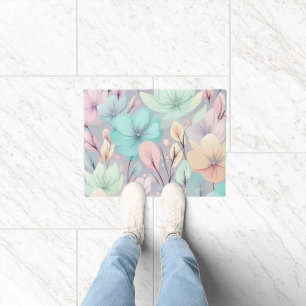 Pastel Flowers and Leaves on Purple Background Doormat