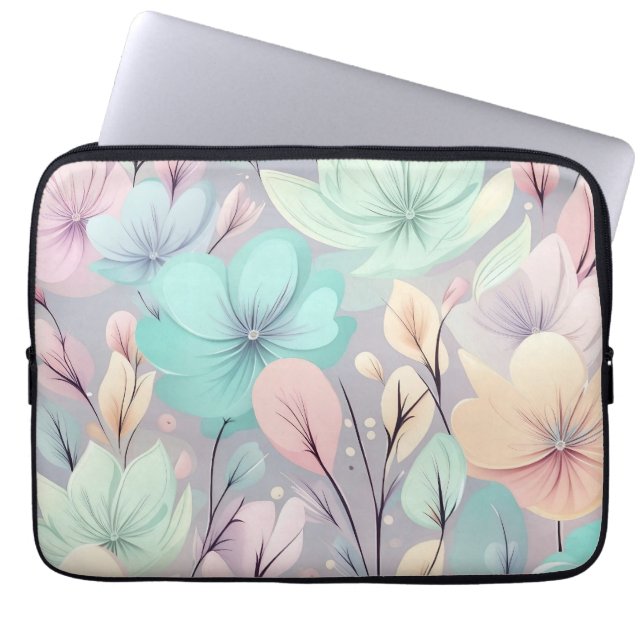 Pastel Flowers and Leaves on Purple Background Laptop Sleeve (Front)