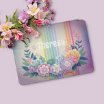 Pastel Flowers and Rainbow Stripes iPad Air Cover<br><div class="desc">Your name above a wreath of pastel flowers. The unicorn ombre background has pastel rainbow stripes.</div>