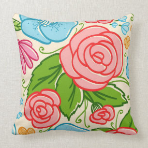 Pastel Flowers and Roses- Pink Blue And Beige 3 Cushion