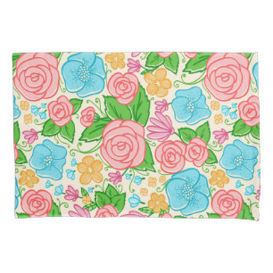Pastel Flowers and Roses- Pink Blue And Beige Pillowcase