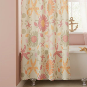 Pastel Flowers And Starfish On Cream Shower Curtain