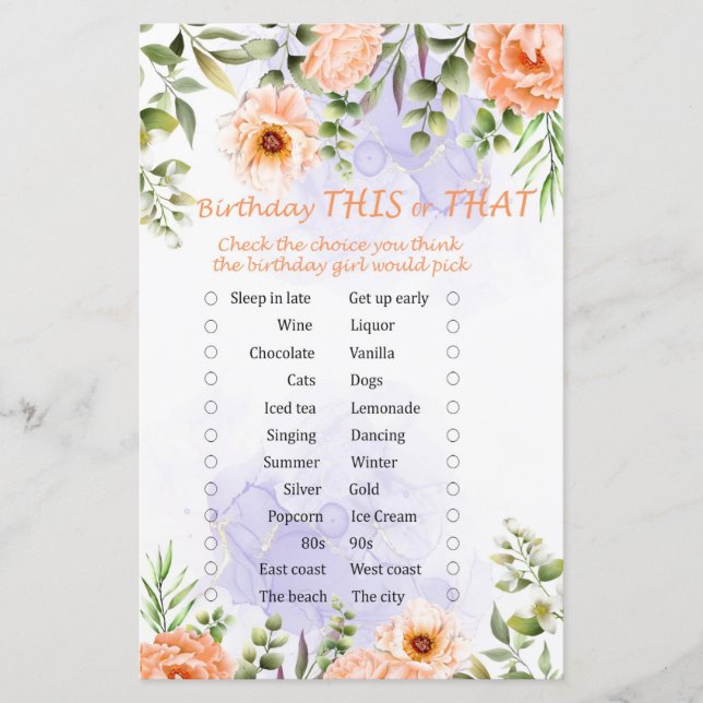Pastel Flowers Birthday This or That Game (Front)