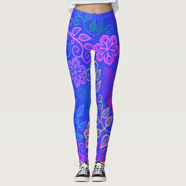 Pastel Flowers Blue Leggings (Front)