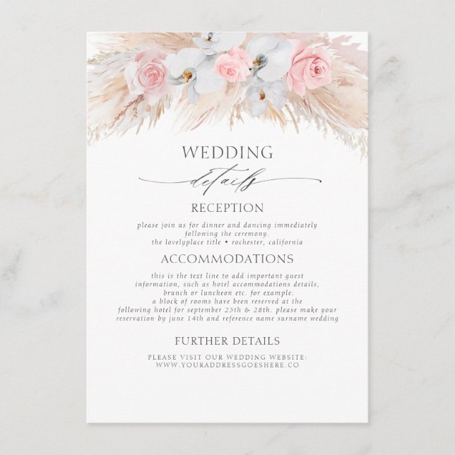 Pastel Flowers Exotic Pampas Grass Wedding Details Enclosure Card (Front)