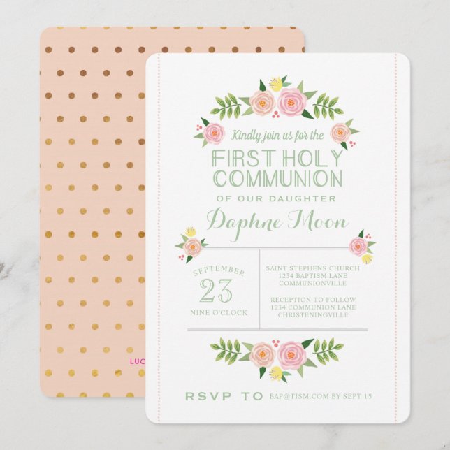 Pastel Flowers First Holy Communion Invitation (Front/Back)