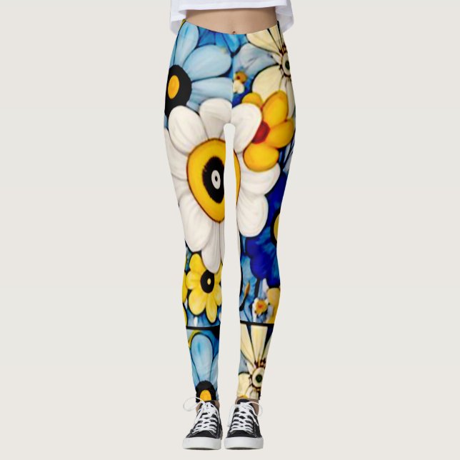 pastel flowers floral art pattern leggings (Front)