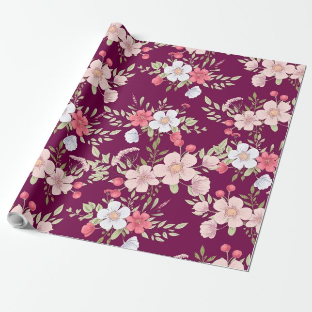Pastel Flowers Floral Print on Elegant Burgundy Wrapping Paper (Unrolled)