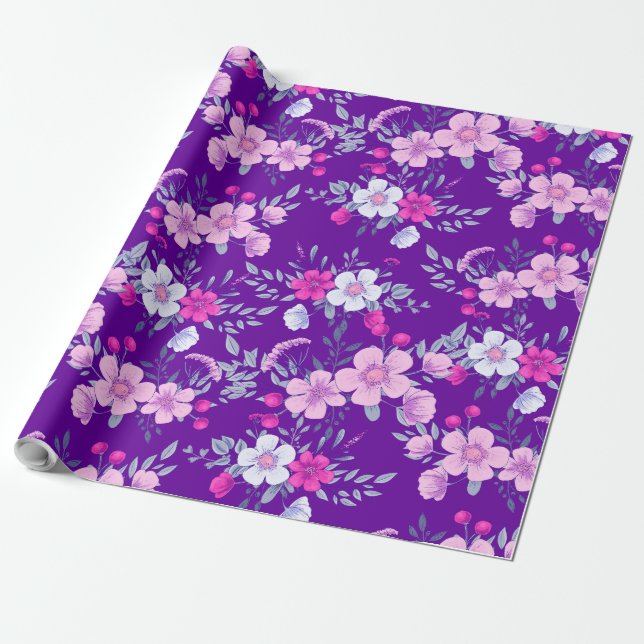 Pastel Flowers Floral Print on Elegant Purple Wrapping Paper (Unrolled)