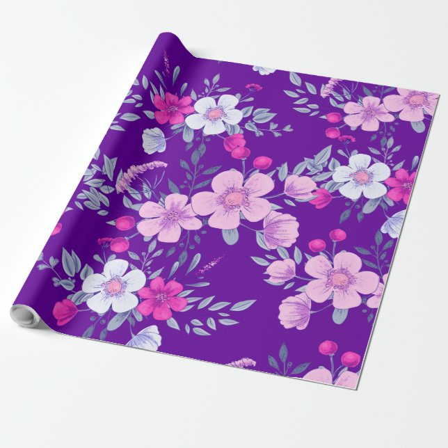 Pastel Flowers Floral Print on Elegant Purple Wrapping Paper (Unrolled)