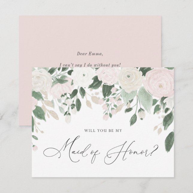 Pastel Flowers Glitter Maid of Honour Proposal Invitation (Front/Back)