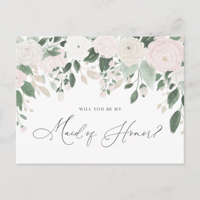 Pastel Flowers Glitter Maid of Honour Proposal Invitation Postcard (Front)