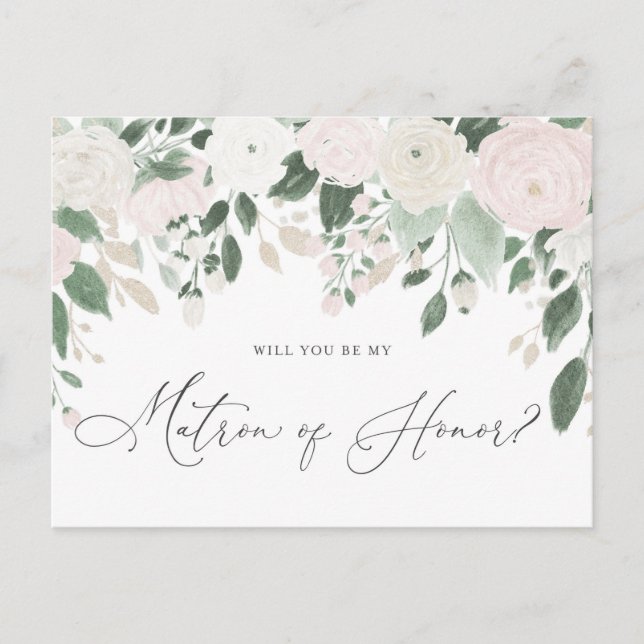 Pastel Flowers Glitter Matron of Honour Proposal Invitation Postcard (Front)