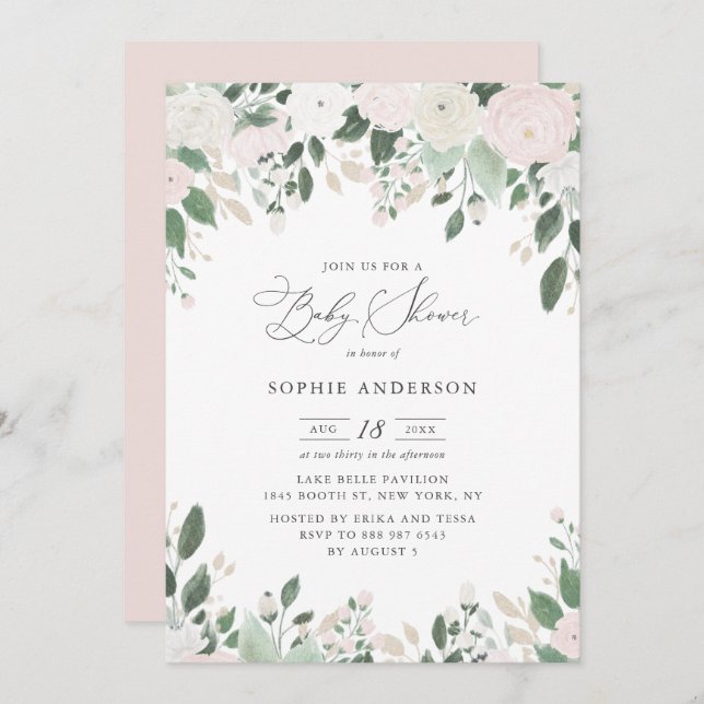 Pastel Flowers Gold Glitter Leaves Baby Shower Invitation (Front/Back)