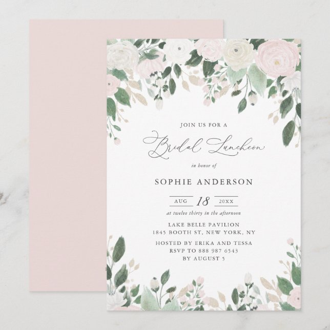 Pastel Flowers Gold Glitter Leaves Bridal Luncheon Invitation (Front/Back)