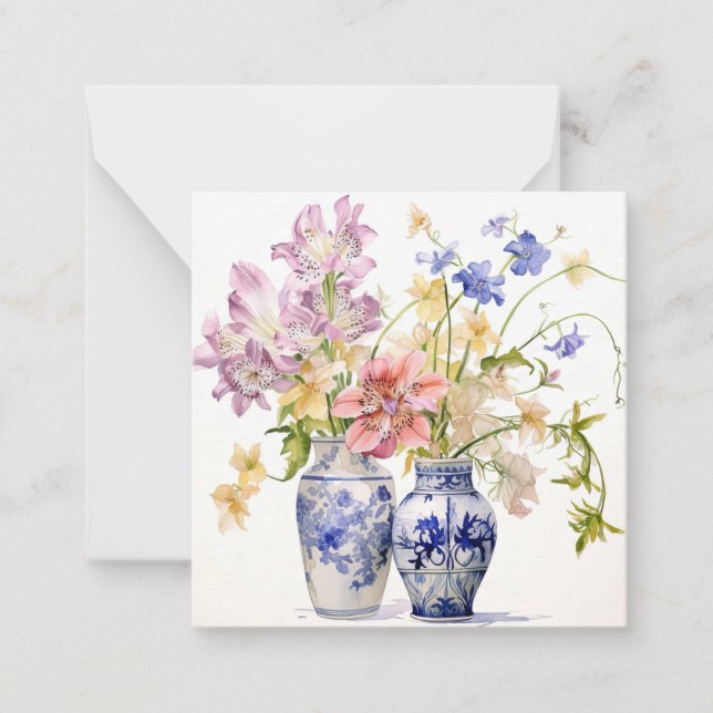Pastel Flowers In Delft Vases Flat Note Card  (Front)