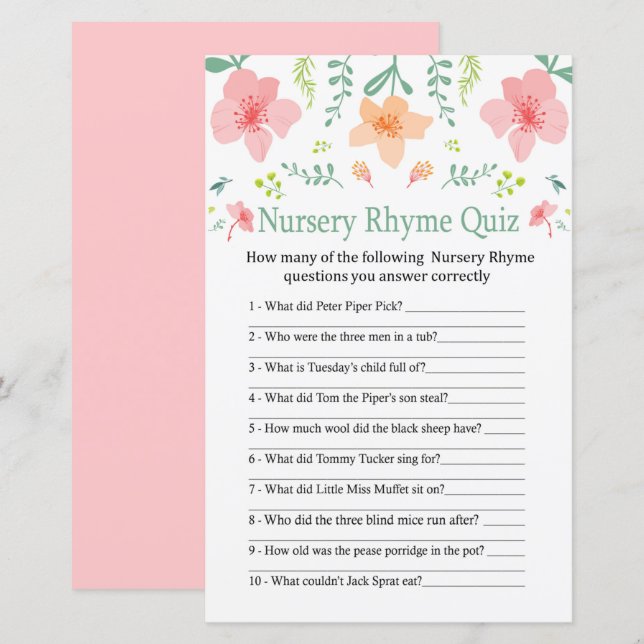 Pastel flowers Nursery Rhyme Quiz baby shower game (Front/Back)