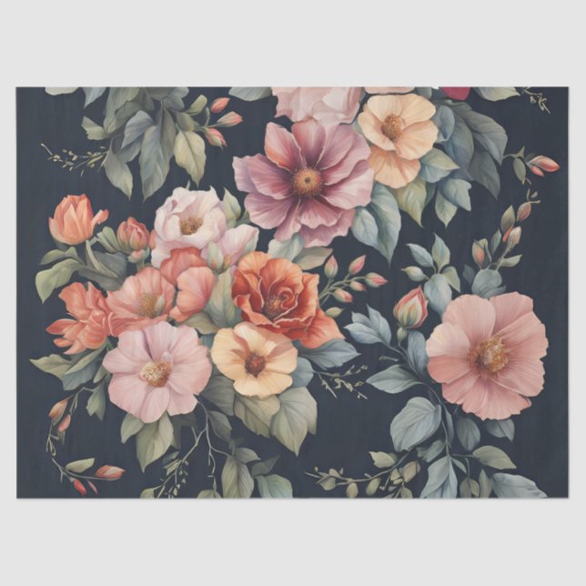  Pastel Flowers on Dark Background decoupage Tissue Paper (Front)