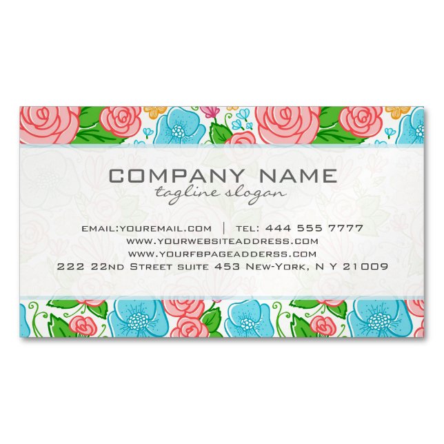 Pastel Flowers & Roses In Pink Blue And White Magnetic Business Card (Front)