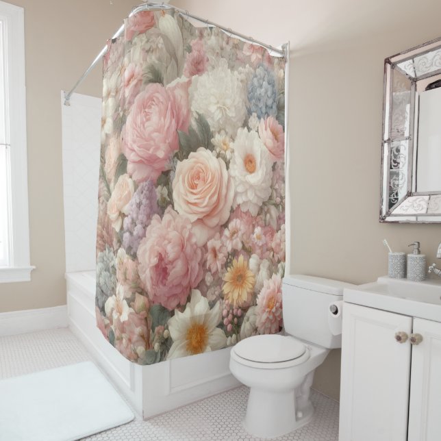Pastel Flowers Shabby Chic Rose Floral Pattern Shower Curtain (In Situ)