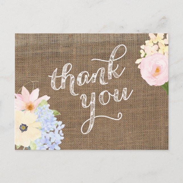 pastel flowers thank you card, burlap lace yellow postcard (Front)
