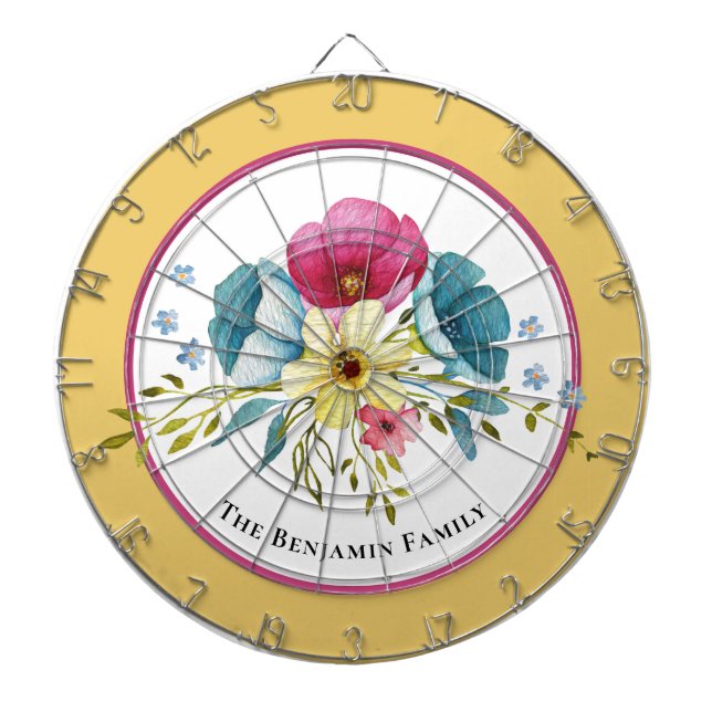 Pastel Flowers Watercolor Family Personalise Dartboard (Front)