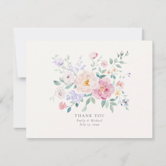 Pastel Flowers Watercolor Wedding Thank You Card (Front)