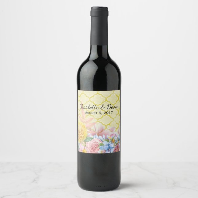 Pastel Flowers Wedding Wine Label (Front)