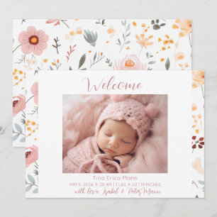 Pastel Flowers Welcome Baby Girl Birth Announcement